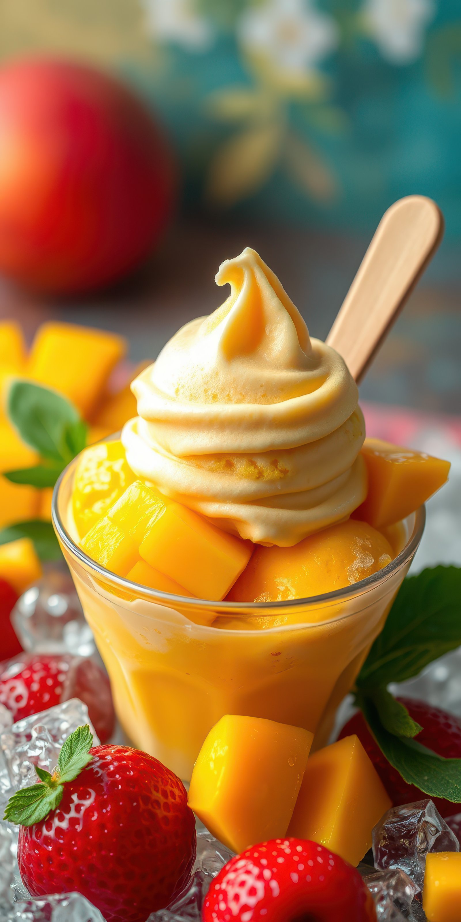 Mango frozen dessert topped with whipped cream and fresh fruit in a clear cup on ice